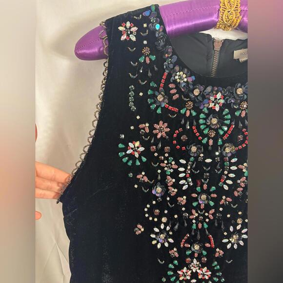 Retro Black Velvet Beaded Jeweled Sleeveless Cut Out Back Mini Shift Dress SizeL - Picture 3 of 15